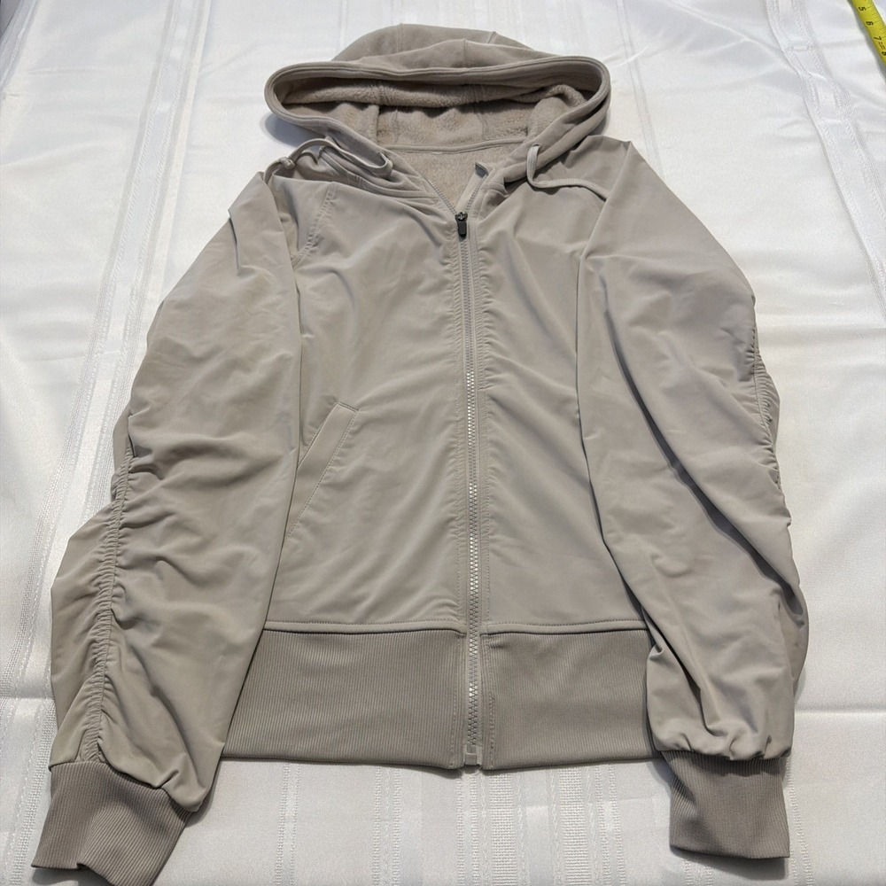 Lululemon Beyond the Studio Jacket Full Zip Hoodie Taupe Ruched Sleeve 10